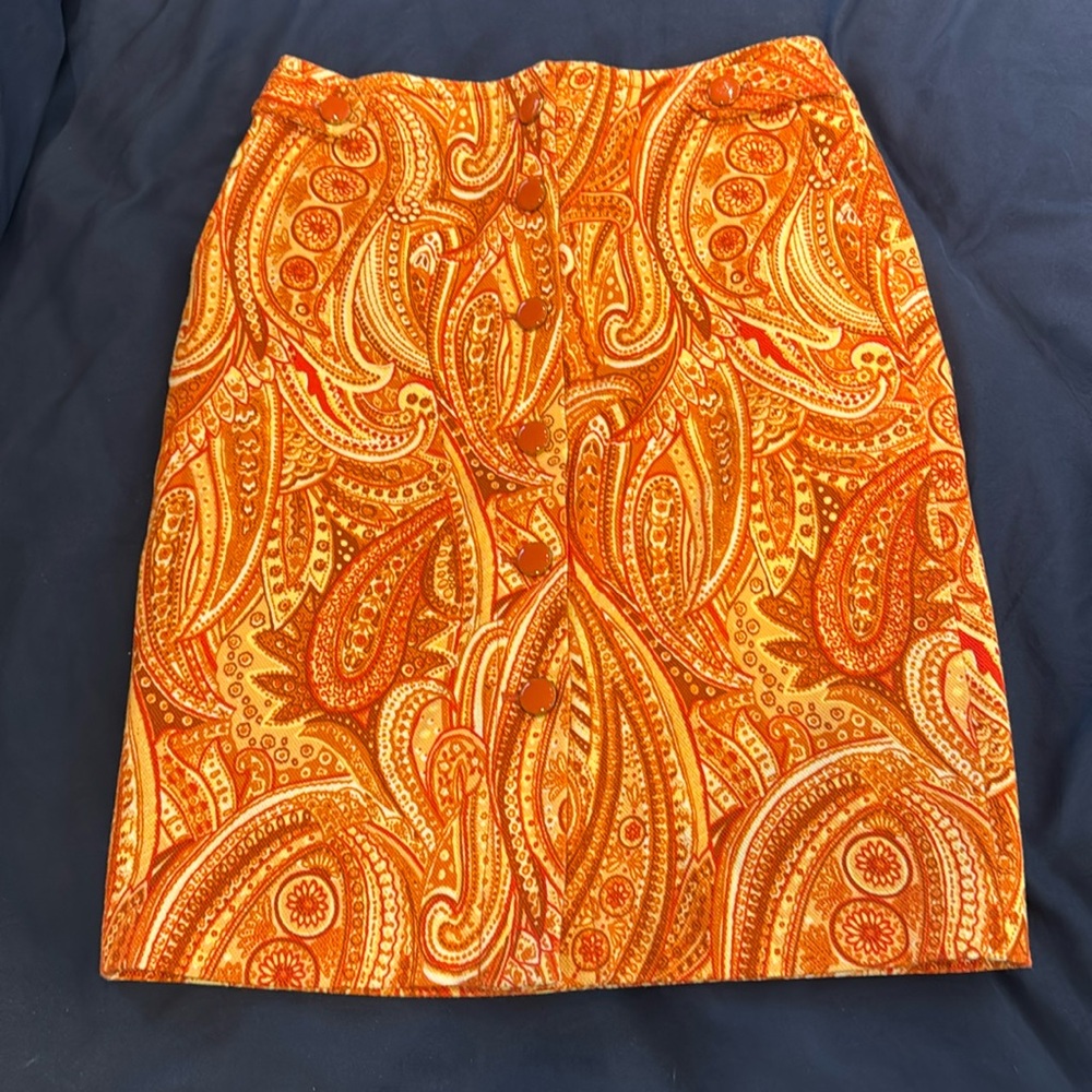 Talbots Orange Paisley Print Button Front Lined Skirt Size 2 Petite